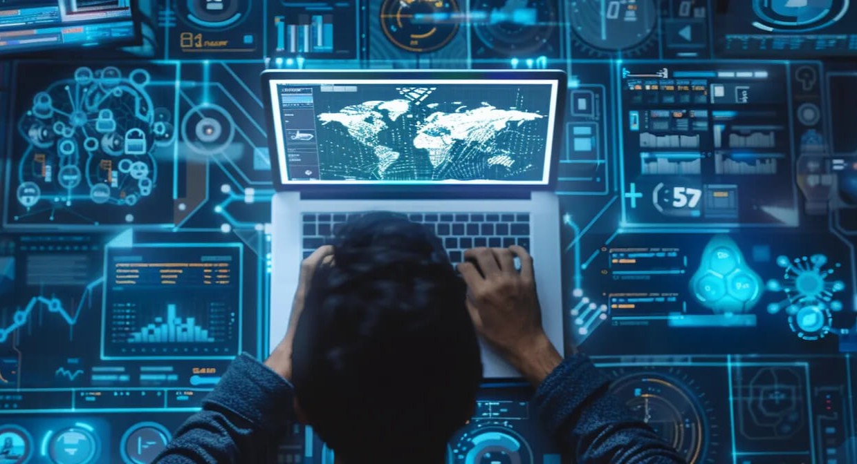 A person engaged with a laptop showing a map, investigating the effects of machine learning on SEO tactics.