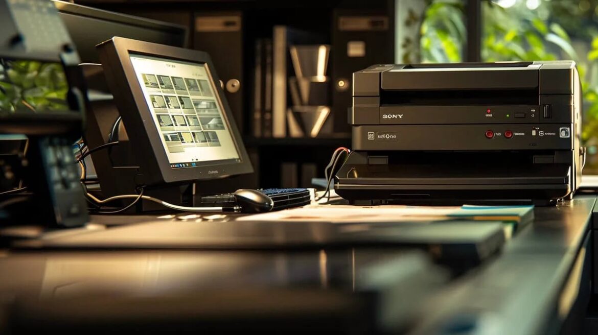 Office desk with printer and computer screen comparing ETHERFAX vs InterFAX document transmission options.